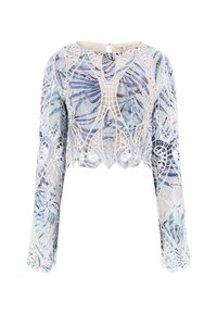 Afgekorte top met lange mouwen, voorzien van een lichtblauwe bloemenkant overlay, verfijnde borduursels en een gladde, transparante stoffen basis.