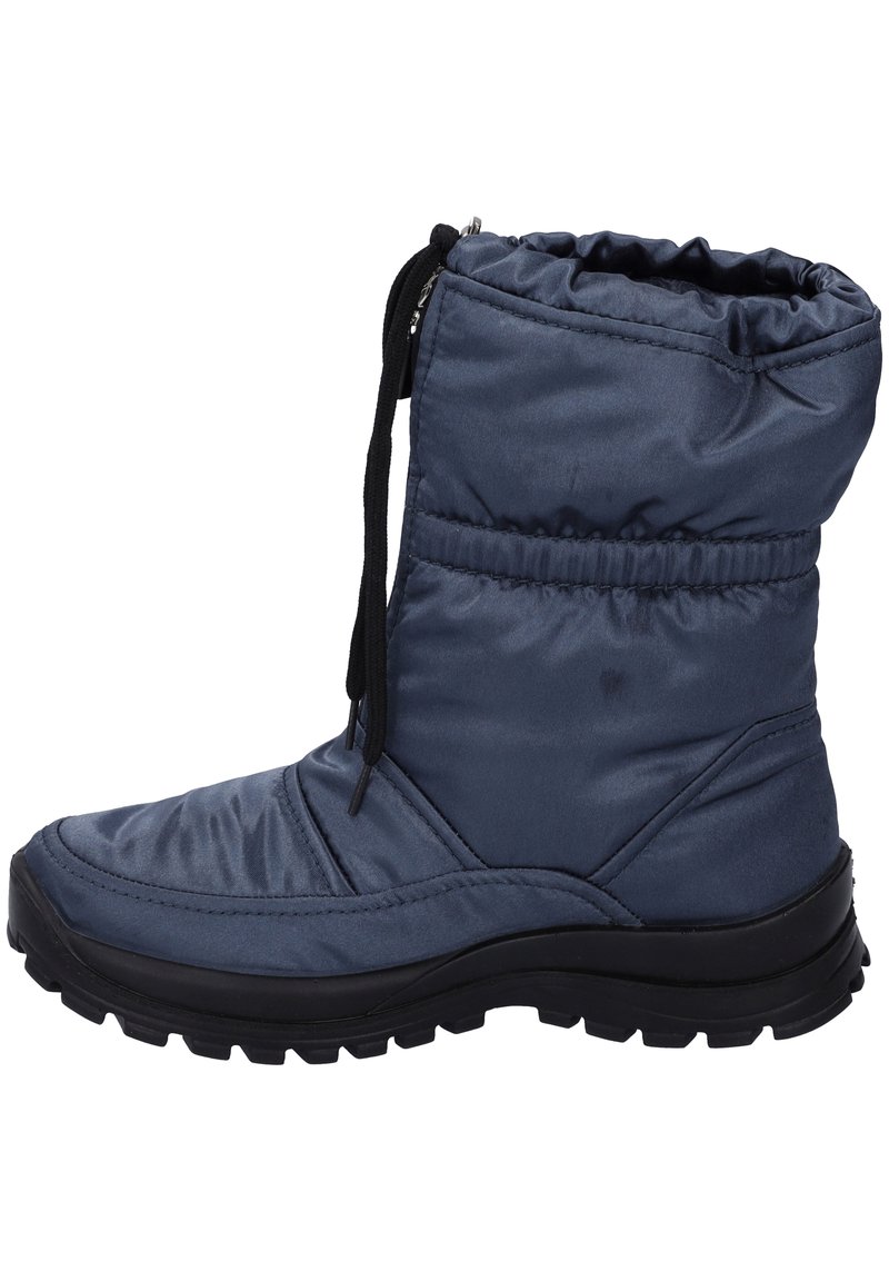 Blauw geïsoleerd laarsje van glanzende stof, met een ingezamelde bovenkant, ritssluiting en een gestructureerde zwarte rubberen zool met diepe profielen.