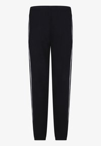 Svarta sweatpants i mjukt tyg, med vita sidosträck, elastisk midja och smalnande ärmslut vid anklarna.