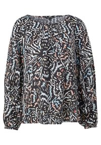 Schwarze Bluse mit Muster, die ein lebhaftes abstraktes Design in Blau, Pink und Weiß zeigt. Lange Puffärmel und ein runder Halsausschnitt runden den Look ab.