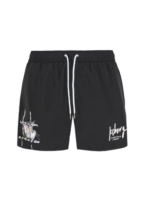 Pantaloni da bagno neri realizzati in tessuto leggero, con un design di un gatto illustrato a sinistra e lacci bianchi per la regolazione.