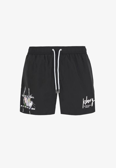 Pantaloni da bagno neri realizzati in tessuto leggero, con un design di un gatto illustrato a sinistra e lacci bianchi per la regolazione.