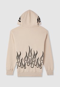 Beżowa bluza z kapturem z czarnym wzorem płomieni na dolnym brzegu, z kapturem na sznurki i prążkowanymi mankietami. Miękka tkanina o gładkiej fakturze.