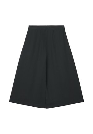 Culottes noires à jambes larges confectionnées dans un tissu doux. Elles présentent une ceinture lisse, sans éléments visibles, avec un design épuré et minimaliste.