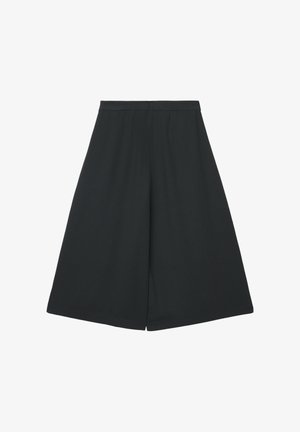 Culottes noires à jambes larges confectionnées dans un tissu doux. Elles présentent une ceinture lisse, sans éléments visibles, avec un design épuré et minimaliste.