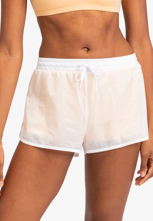 White, lightweight athletic shorts with an elastic waistband and drawstring. Smooth, semi-transparent fabric features a subtle texture.