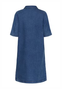 Denim jurk met een kraag, korte mouwen en een lengte tot de knie. Gekenmerkt door een effen blauwe stof met een gladde textuur en gestikte zoom.