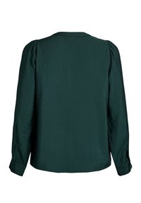 Blusa lunga a maniche con puff leggero di colore verde scuro, mostrata di spalle su uno sfondo bianco.