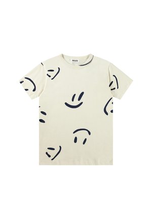 Beige Baumwoll-T-Shirt mit Rundhalsausschnitt und kurzen Ärmeln, verziert mit dunkelblauen Smiley-Muster. Weicher Stoff, lässige Passform.