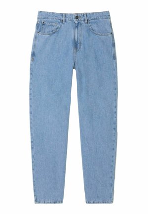 Hellblaue Jeans aus Denim mit geradem Schnitt, Fünf-Taschen-Design, Ein-Knopf-Verschluss und sichtbaren Nähten.