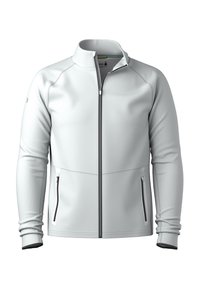 Lichtgrijze zip-up jas van gladde stof, met zijzakken met rits, een hoge kraag en contrasterende zwarte afwerking aan de manchetten.