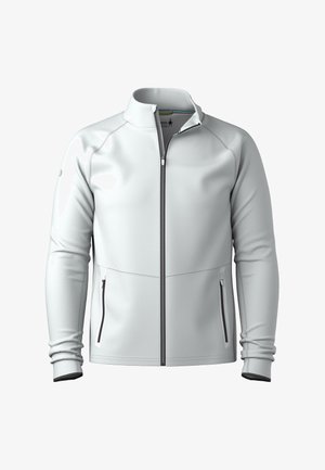 Hellgraue Zip-Jacke aus glattem Stoff, mit seitlichen Reißverschlusstaschen, hohem Kragen und kontrastierenden schwarzen Besätzen an den Bündchen.