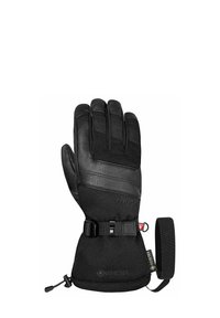 Schwarze Handschuhe mit einer Lederhandfläche, gepolsterten Fingern und einem Klettverschluss am Handgelenk. Mit Gore-Tex-Material und verstellbarem Bündchen für optimalen Sitz.