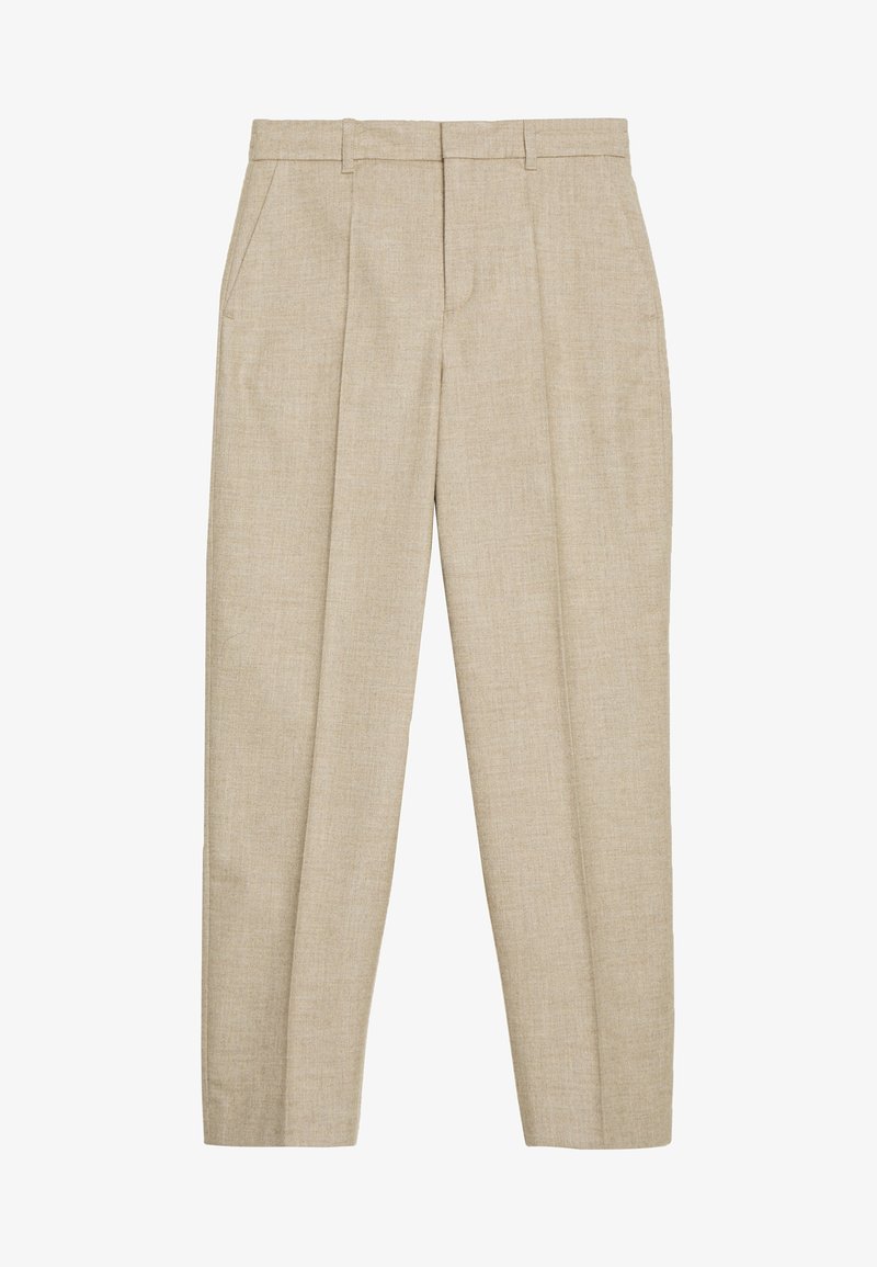 Beige trousers made of textured fabric, featuring a tailored design, pleats at the front, and standard waist with belt loops.