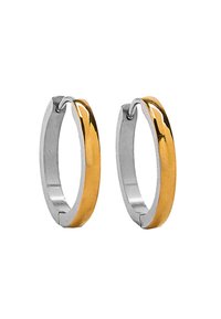 Kolczyki koła o dwukolorowym designie, polerowane w srebrnym i złotym odcieniu, w kształcie koła i gładkiej fakturze.