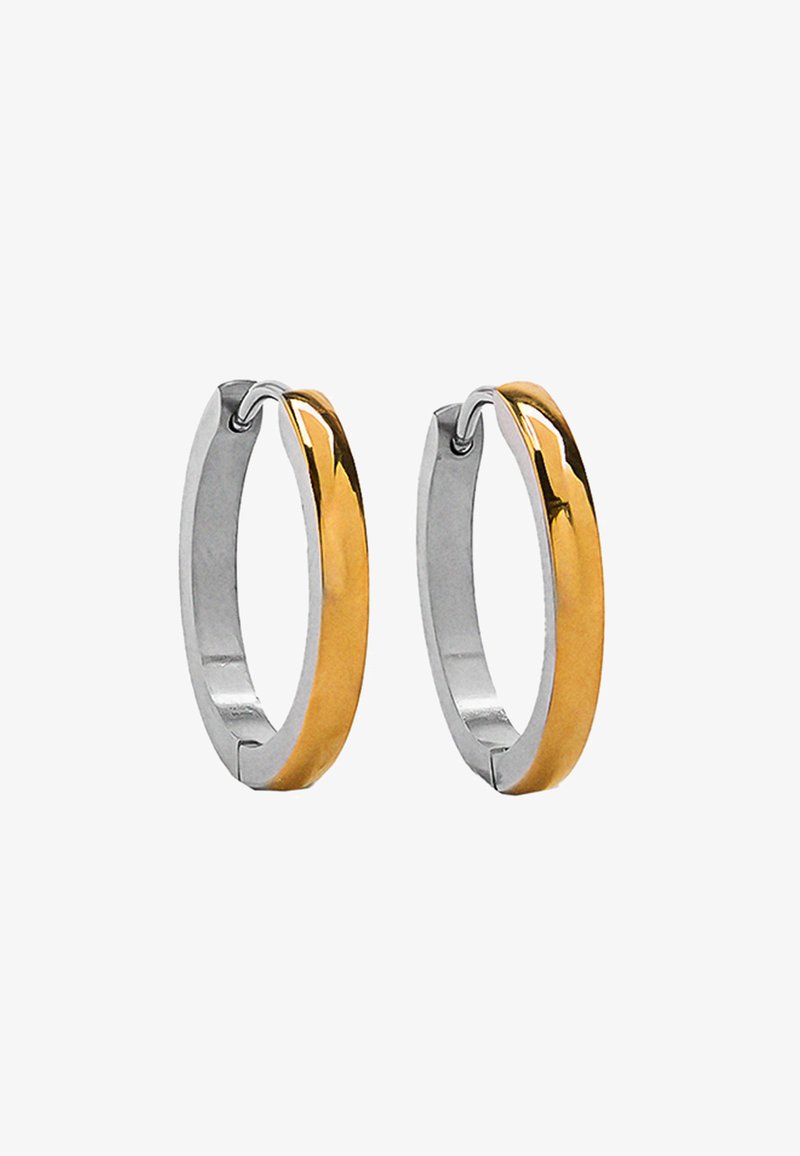 Kolczyki koła o dwukolorowym designie, polerowane w srebrnym i złotym odcieniu, w kształcie koła i gładkiej fakturze.