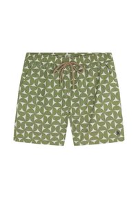 Pantaloni de baie verzi cu un model geometric repetitiv format din forme alternante albe și verzi închise, cu talie cu șnur și buzunare laterale.