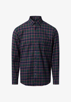 Koszula w kratę w ciemnozielonym, granatowym i czerwonym kolorze. Posiada tradycyjny kołnierzyk, długie rękawy oraz kieszeń na piersi. Wykonana z bawełny, ma teksturowane wykończenie.