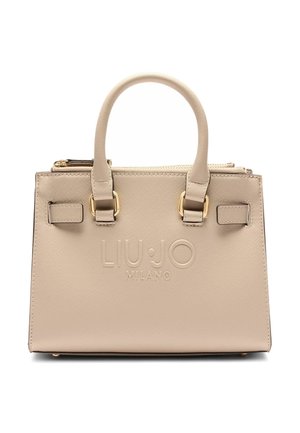 Sac à main beige texturé avec deux poignées, quincaillerie dorée et logo embossé "LIU JO MILANO" sur le devant.
