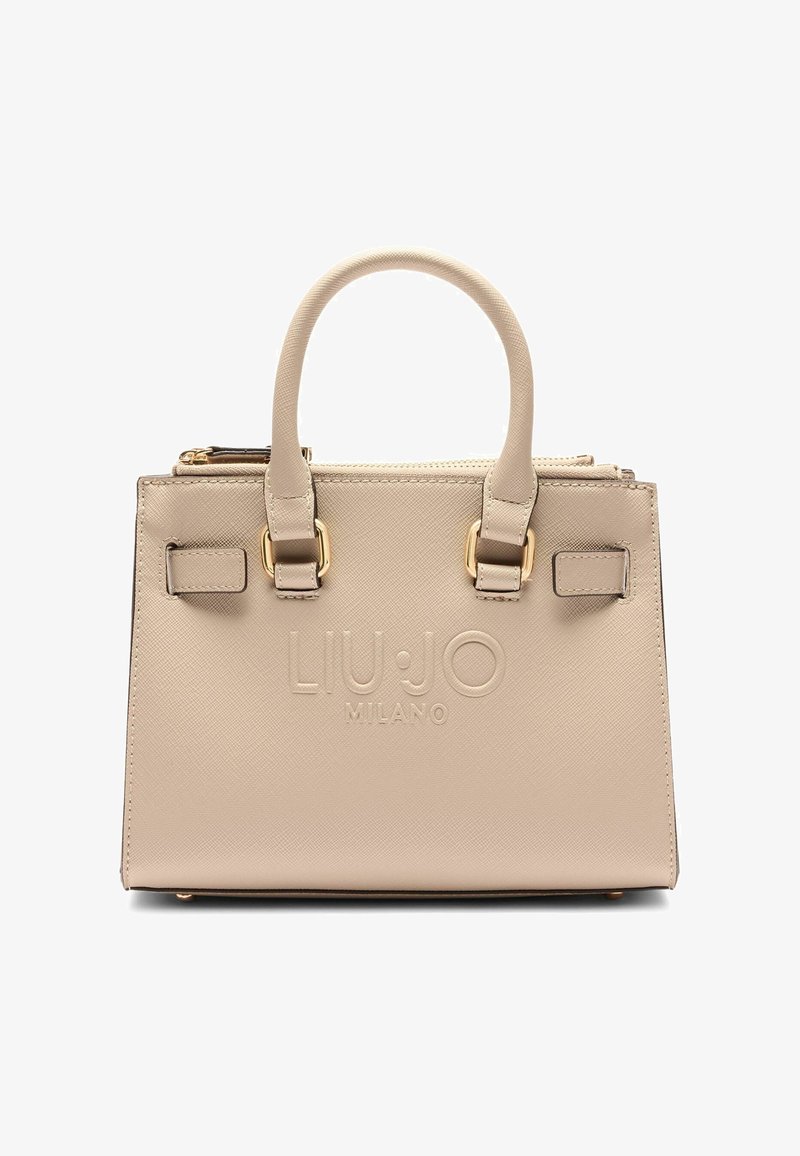 Sac à main beige texturé avec deux poignées, quincaillerie dorée et logo embossé "LIU JO MILANO" sur le devant.