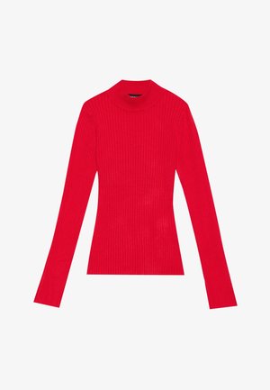 Geribbelde rode lange mouwen coltrui met een aansluitende silhouet en een hoge hals, gemaakt van zacht, rekbaar materiaal.