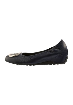 Navy blue leather ballet flat with a rounded toe and a metallic buckle detail. Features a textured upper and rubber outsole for grip.
