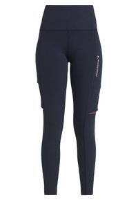 Granatowe legginsy sportowe z elastycznego materiału z wysokim stanem. Posiadają boczne kieszenie oraz różowe akcenty na dolnej części nogawki.