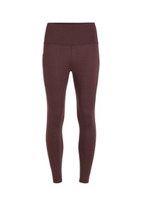 Bordeaux leggings gemaakt van een zachte, elastische stof. Hoge tailleband met een gladde afwerking, zonder zichtbare hardware of patronen.