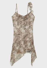 Robe marron à motifs sans manches avec détails à volants, ourlet asymétrique et tissu délicat. Caractérisée par des fines bretelles et une silhouette fluide.