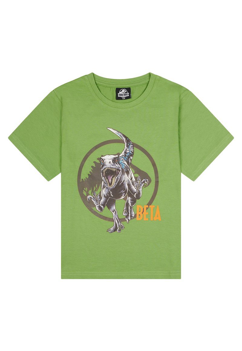 Camiseta de algodón verde con un gráfico de un dinosaurio en movimiento, con el texto "BETA" en naranja y un elemento de diseño circular alrededor.