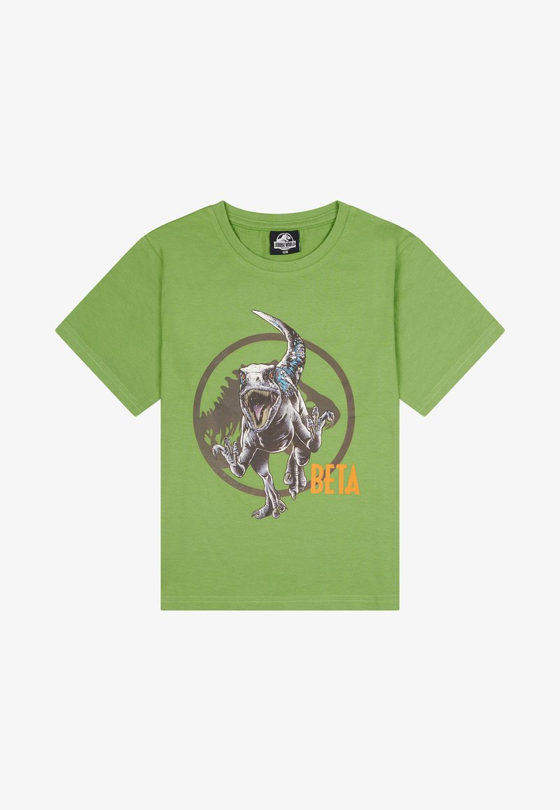Camiseta de algodón verde con un gráfico de un dinosaurio en movimiento, con el texto "BETA" en naranja y un elemento de diseño circular alrededor.