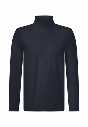 Zwart turtleneck shirt met lange mouwen, een aansluitende nek en een zachte stof, weergegeven tegen een witte achtergrond.