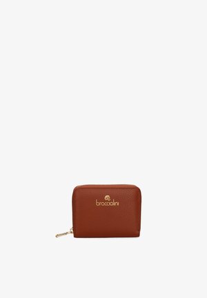 Portafoglio marrone in pelle texturizzata con cerniera dorata e logo "braccialini" impresso in oro al centro della parte anteriore.