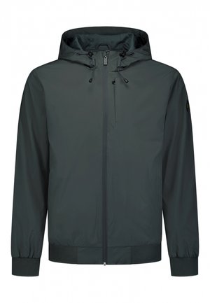 Dark green hooded jacket with front zipper, adjustable drawstrings on hood, elastic cuffs, and side pockets.
