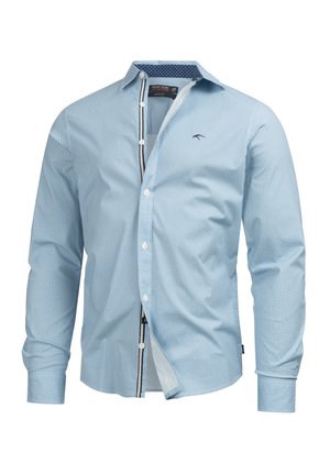 Hellblaues Langarmhemd mit kleinem geometrischem Muster, kontrastierendem Kragen, Knöpfen auf der Vorderseite und taillierter Passform.