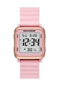 Reloj digital con bisel rectangular en tono dorado, correa de silicona rosa y una pantalla blanca que muestra la hora, la fecha y botones de función.