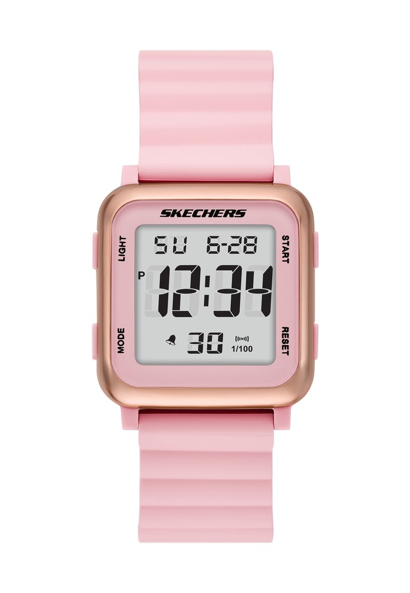 Reloj digital con bisel rectangular en tono dorado, correa de silicona rosa y una pantalla blanca que muestra la hora, la fecha y botones de función.