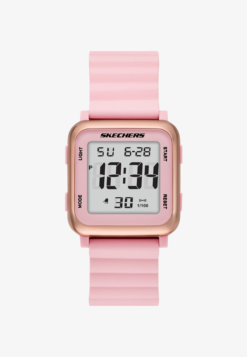 Reloj digital con bisel rectangular en tono dorado, correa de silicona rosa y una pantalla blanca que muestra la hora, la fecha y botones de función.