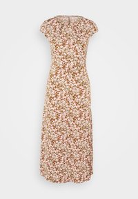 Robe longue à motif floral avec des fleurs roses et vertes sur un fond marron. Manches courtes façon capuche et coupe décontractée. Fente latérale.