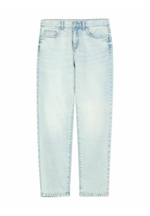 Jasnoniebieskie dżinsy z denimu o luźnym kroju, wysokim stanie, pięcioma kieszeniami, prostą nogawką i subtelnym wyblaknięciem na materiale.