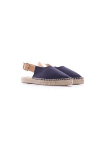 Espadrilles de lona azul marino con suela de yute y una correa ajustable en el tobillo de color marrón. Textura suave con un diseño de punta redondeada.