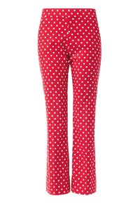 Červené slim-fit kalhoty s puntíkovým vzorem v bílé barvě. Materiál má hladkou texturu a přiléhavý pas.
