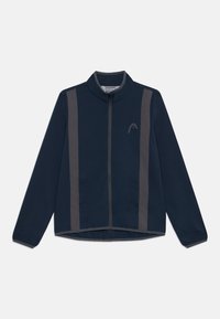 Veste navy avec rayures latérales grises, fermeture éclair, col montant et deux poches avant. Tissu lisse et poignets élastiques.