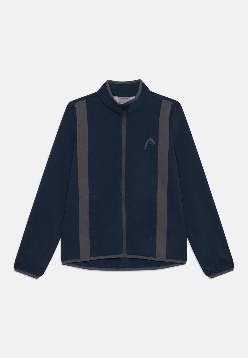 Veste navy avec rayures latérales grises, fermeture éclair, col montant et deux poches avant. Tissu lisse et poignets élastiques.