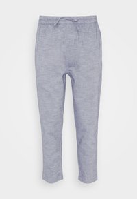 Světle modré lněné kalhoty s elastickým pasem a šňůrkou, s volným střihem a rovnými nohavicemi. Bez viditelných vzorů.