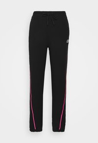 Schwarze Jogginghosen mit elastischen Bündchen, pinken Seitenstreifen, einem Kordelzugbund und einem kleinen weißen Halbkreis-Logo auf dem linken Oberschenkel.