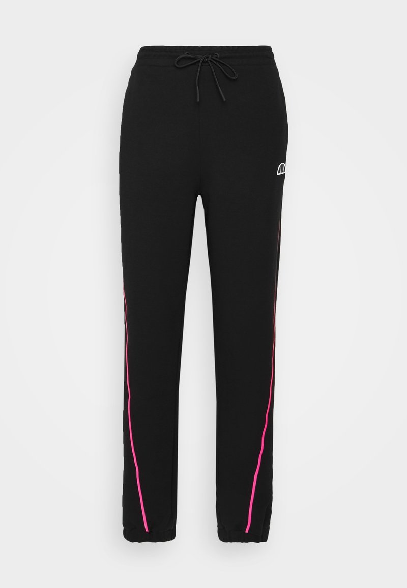 Schwarze Jogginghosen mit elastischen Bündchen, pinken Seitenstreifen, einem Kordelzugbund und einem kleinen weißen Halbkreis-Logo auf dem linken Oberschenkel.