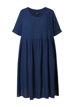 Laivastonsininen, lyhythihainen, polvipituinen mekko pyöreällä pääntiellä ja kootulla vyötäröllä.