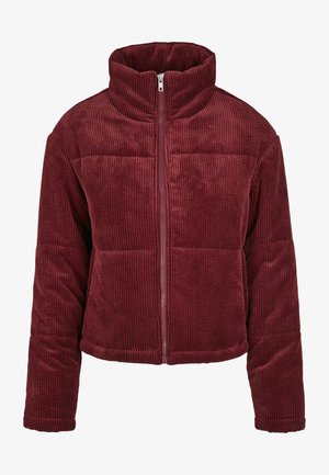 Burgundy corduroy jacket with a high collar, horizontal quilted design, and a front zipper closure. Soft texture, cropped length.