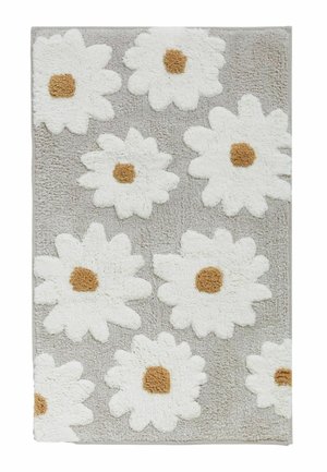 Grey rectangular rug with large white daisy flowers, each with a light brown center, evenly spaced across the surface.